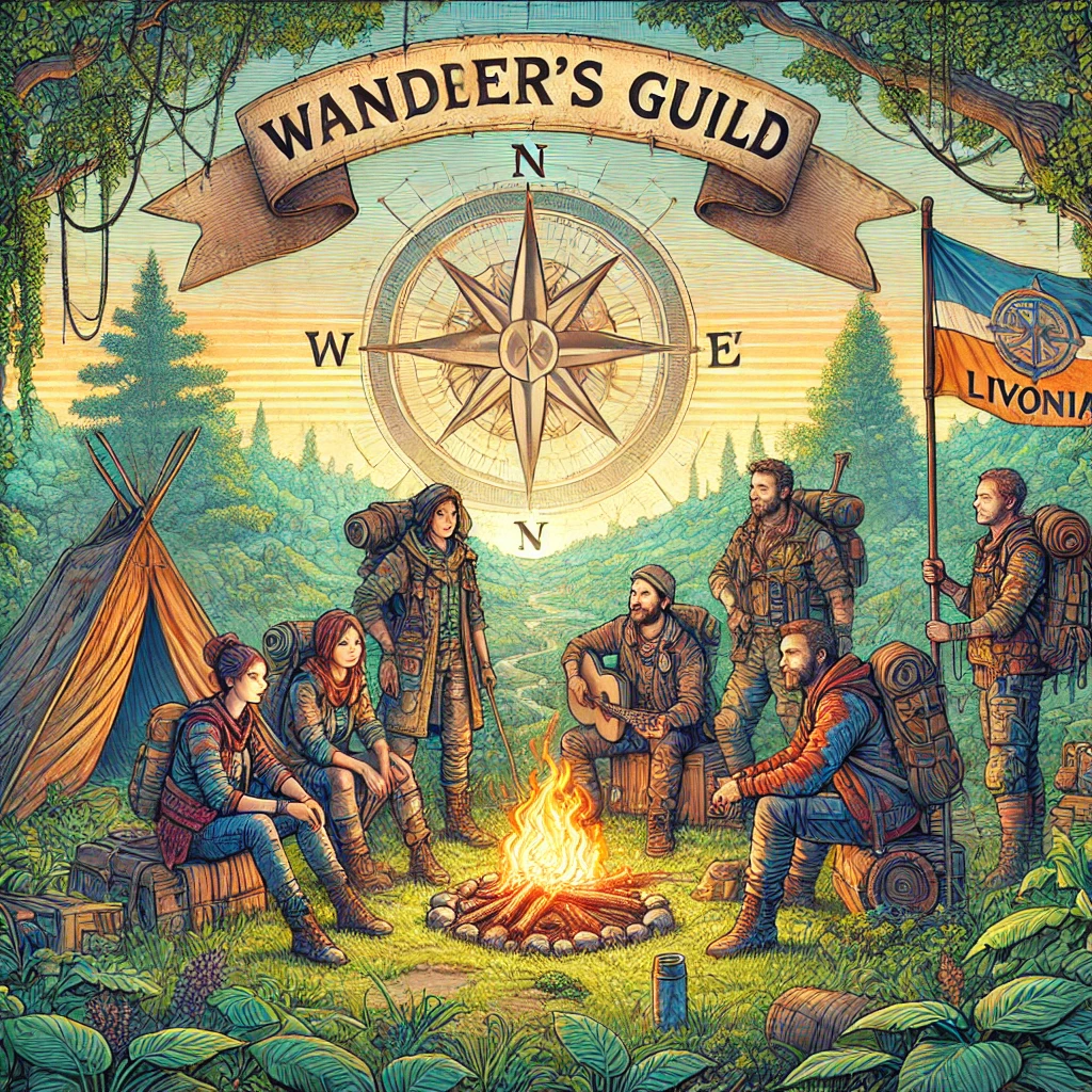 The Wanderer’s Guild traveling through a serene, overgrown Livonia landscape with modest camps and a hopeful sunrise in the background.